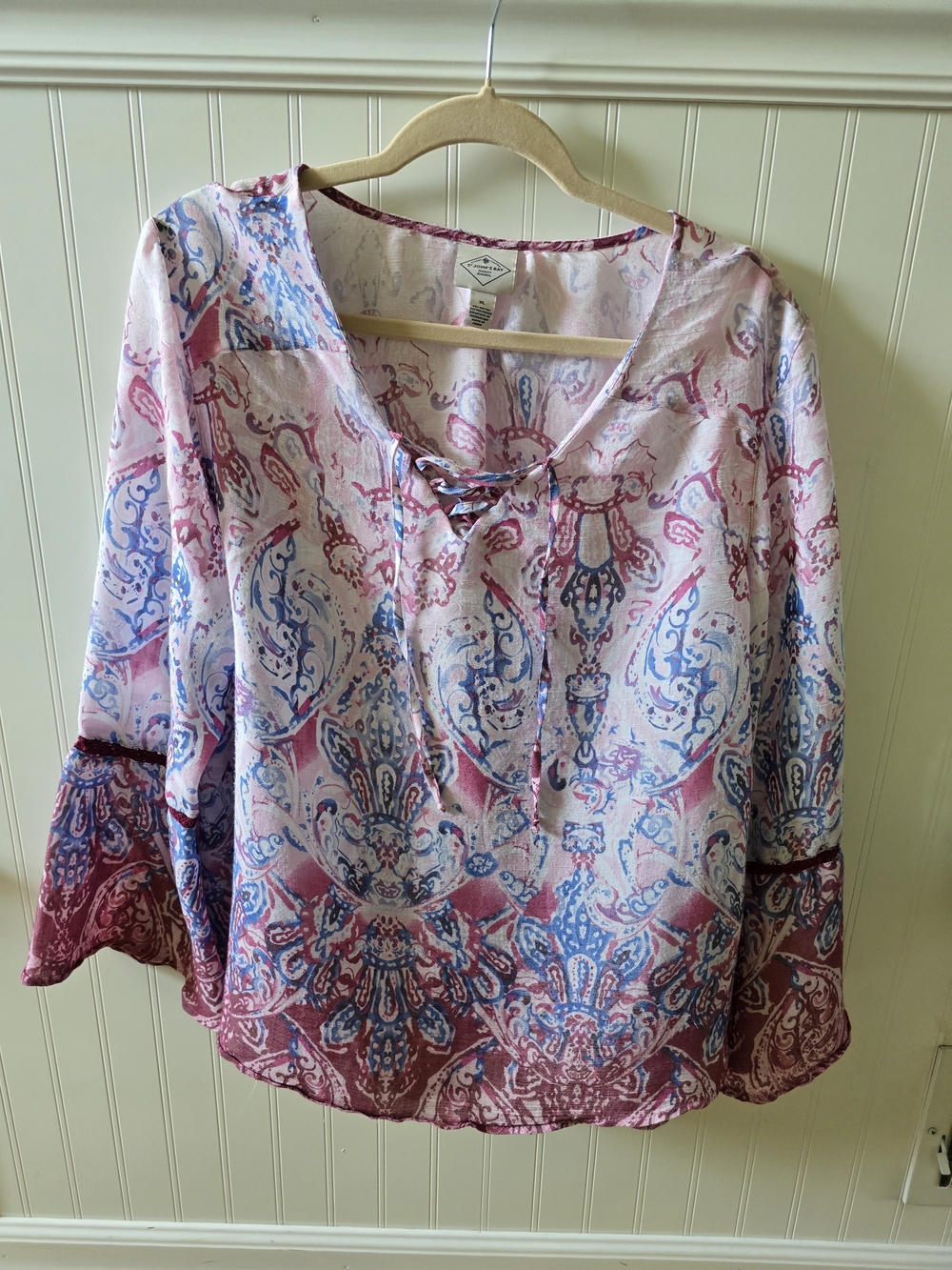 St. John's Bay Pink & Blue Paisley Lace-Up Peasant Blouse
